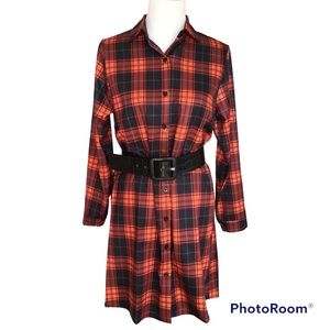 Orange, Black and Gray Plaid Shirt Dress New Without Tags Long Sleeves S